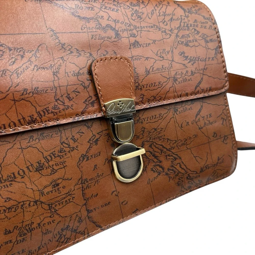 Patricia Nash Womens Liana Leather Crossbody Signature Map Brown Multi-pocket